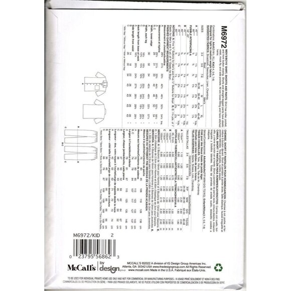 McCall's M6972 Boys 3 to 8 Shirt, Pants and Shorts Uncut Sewing Pattern New - Picture 2 of 2